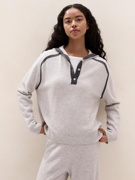 The White Company Pure Cashmere Stripe Detail Hoodie, Charcoal Marl, Charcoal Marl