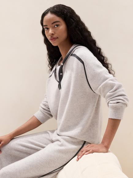 The White Company Pure Cashmere Stripe Detail Hoodie, Charcoal Marl - view 2, Charcoal Marl