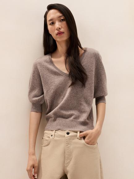 The White Company Pure Cashmere Sparkle V-Neck Knit Top, Hot Cocoa Marl, Hot Cocoa Marl