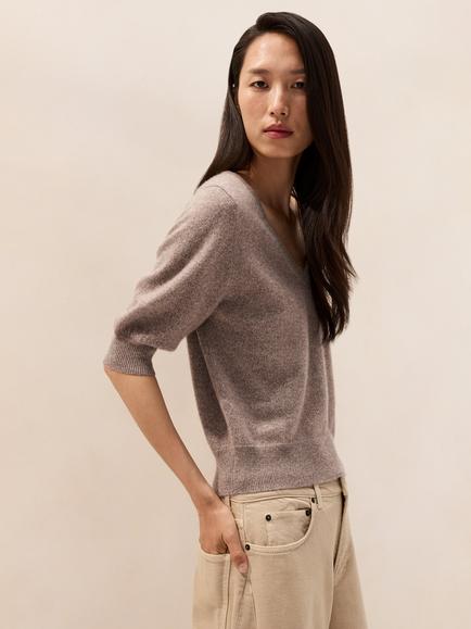 The White Company Pure Cashmere Sparkle V-Neck Knit Top, Hot Cocoa Marl - view 2, Hot Cocoa Marl