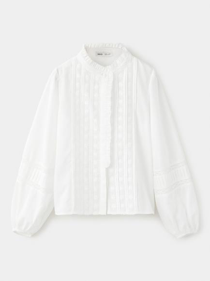 Mango Kids' Cotton Mandarin Collar Blouse, Off White, Off White