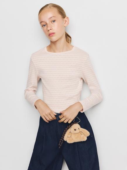 Mango Kids' Long Sleeve Crew Neck Stripe Top, Pastel Pink