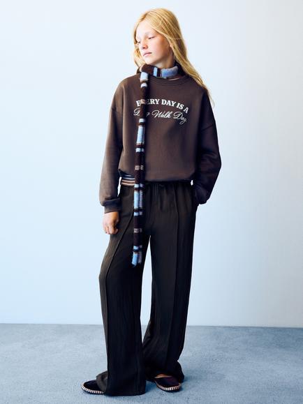 Mango Kids' Drawstring Wide Leg Trousers, Brown, Brown