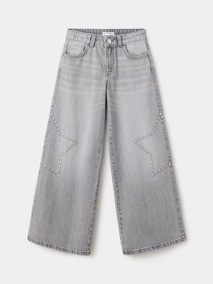 Mango Kids' Low Rise Wide Leg Star Stud Jeans, Grey, Grey