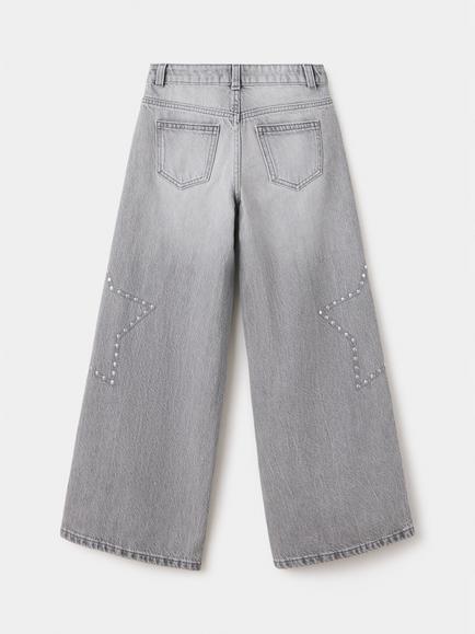 Mango Kids' Low Rise Wide Leg Star Stud Jeans, Grey - view 2, Grey