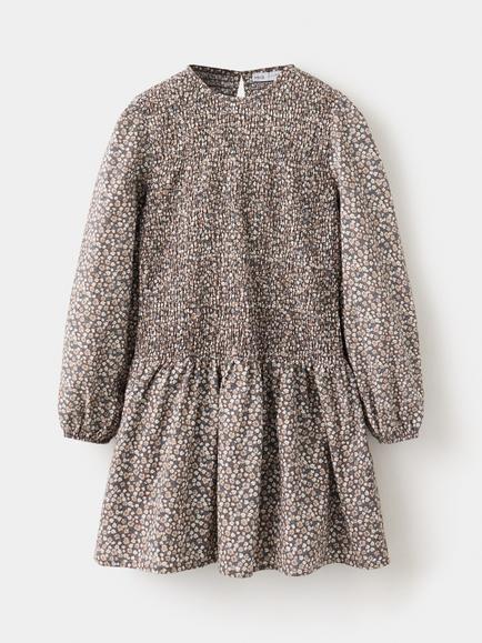 Mango Kids' Long Sleeve Floral Smock Dress, Brown, Brown