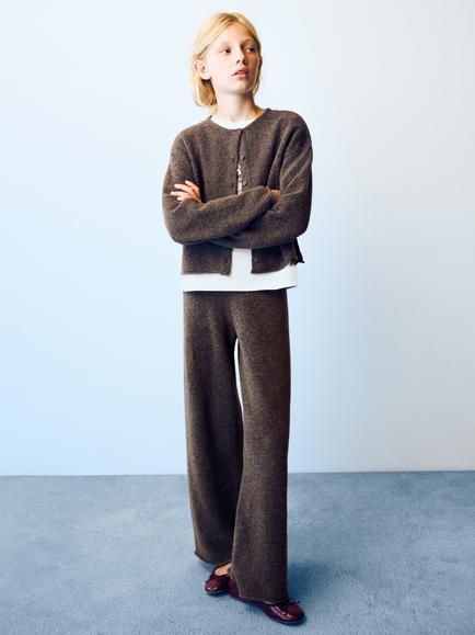 Mango Kids' Knitted Round Neck Cardigan, Brown - view 2, Brown