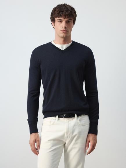 Mango Wool V-Neck Jumper, Navy