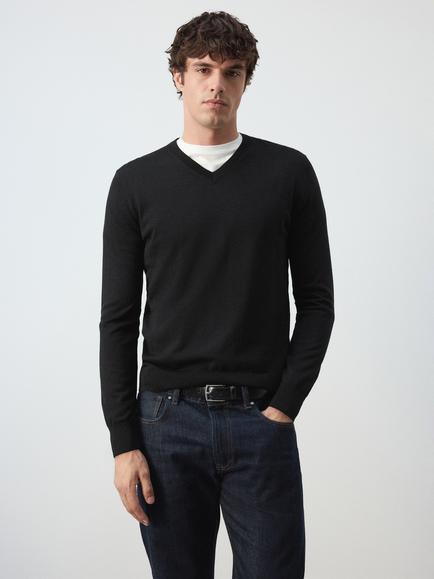 Mango Wool V-Neck Jumper, Black