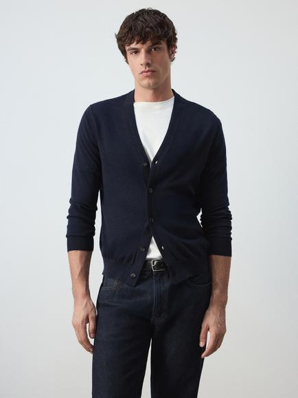Mango Wool V-Neck Cardigan, Navy