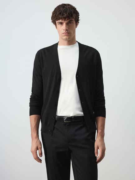 Mango Wool V-Neck Cardigan, Black