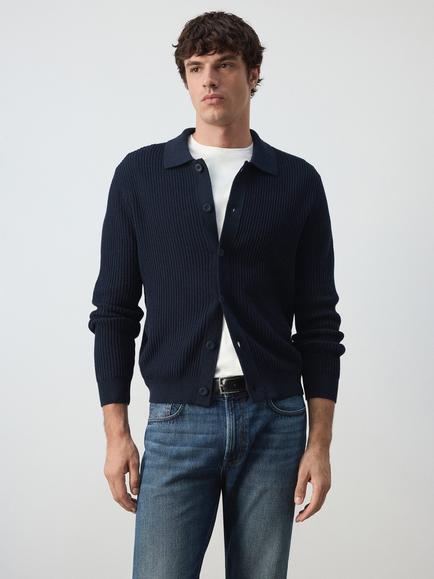 Mango Cotton Collared Cardigan, Navy