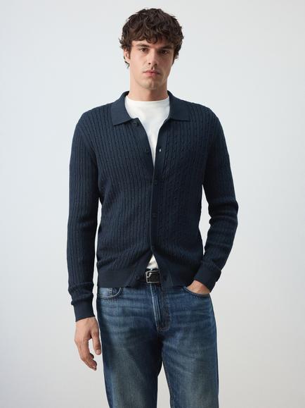Mango Cotton Blend Collared Cardigan, Navy