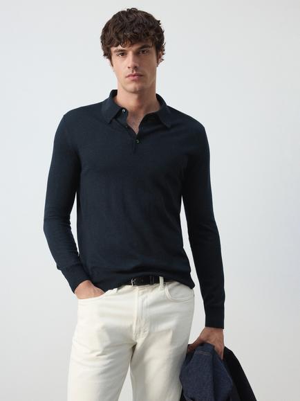 Mango Wool Regular Fit Long Sleeve Polo Shirt, Navy