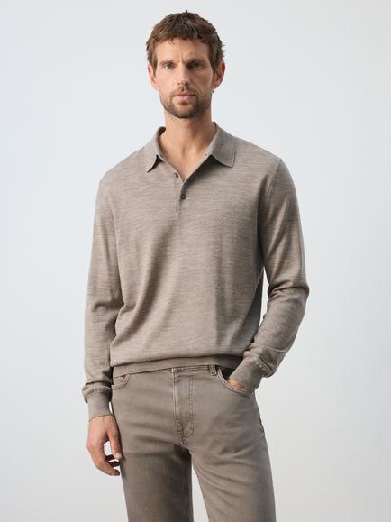 Mango Wool Regular Fit Long Sleeve Polo Shirt, Mink
