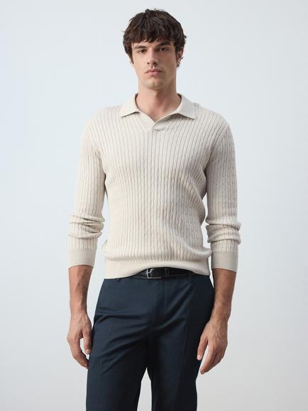 Mango Cotton Blend Regular Fit Long Sleeve Cable Knit Polo Shirt, Stone