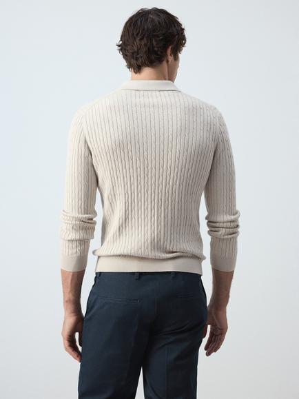 Mango Cotton Blend Regular Fit Long Sleeve Cable Knit Polo Shirt - view 2, Stone