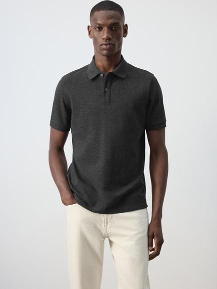 Mango Cotton Rich Short Sleeve Polo Shirt, Dark Grey Melange, Dark Grey Melange