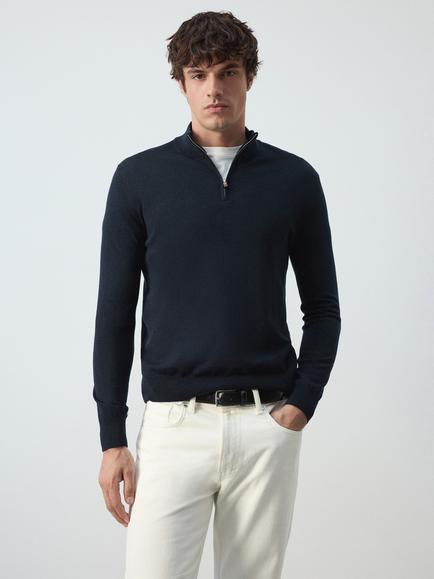 Mango Wool Half Zip Jumper, Navy