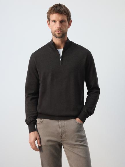 Mango Wool Half Zip Jumper, Chocolate