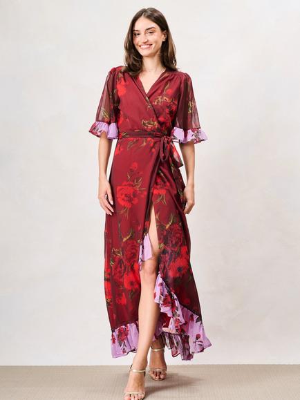 Hope & Ivy The Aloe Floral Wrap Maxi Dress, Red/Purple, Red/Purple