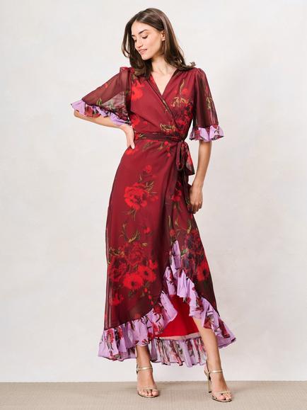 Hope & Ivy The Aloe Floral Wrap Maxi Dress, Red/Purple - view 2, Red/Purple