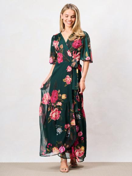 Hope & Ivy The Tamra Petite Flutter Sleeve Maxi Wrap Dress, Multi, Multi