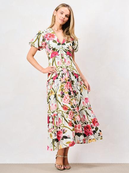 Hope & Ivy The Angie Floral Printed Puff Sleeve V-Neck Tiered Midi Dress, Multi, Multi