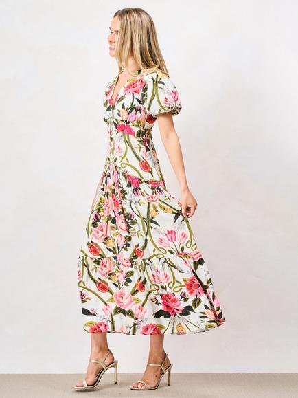 Hope & Ivy The Angie Floral Printed Puff Sleeve V-Neck Tiered Midi Dress, Multi - view 2, Multi