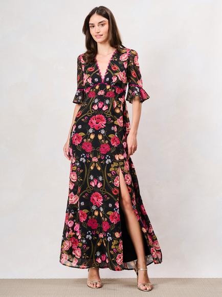 Hope & Ivy The Kim Floral Frill Sleeve Thigh Split Maxi Dress, Multi, Multi