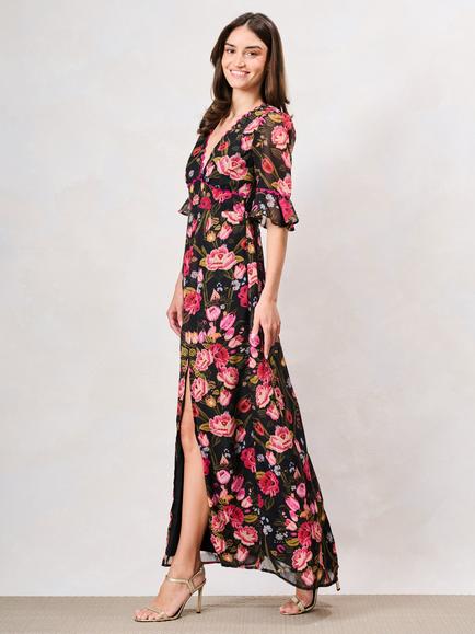 Hope & Ivy The Kim Floral Frill Sleeve Thigh Split Maxi Dress, Multi - view 2, Multi