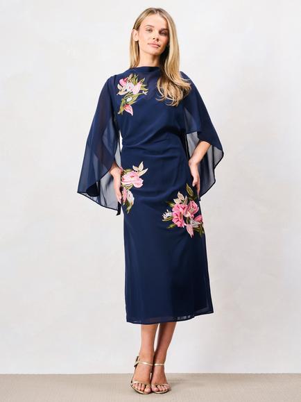Hope & Ivy The Ludmilla Embroidered Caped Sleeve Midi Dress, Navy/Pink, Navy/Pink