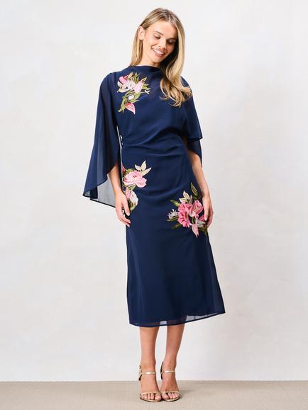 Hope & Ivy The Ludmilla Embroidered Caped Sleeve Midi Dress, Navy/Pink - view 2, Navy/Pink