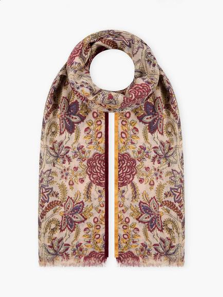 Brora Velvet Trim Wool Floral Scarf, Soft Mocha, Soft Mocha