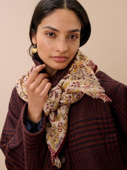 Brora Velvet Trim Wool Floral Scarf, Soft Mocha - view 2, Soft Mocha