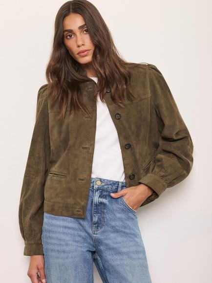Mint Velvet Suede Puff Sleeve Leather Jacket, Khaki, Khaki