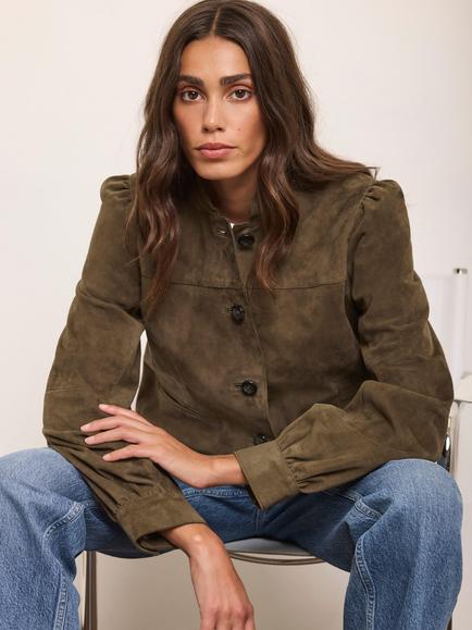 Mint Velvet Suede Puff Sleeve Leather Jacket, Khaki - view 2, Khaki