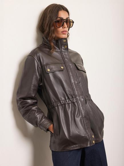 Mint Velvet Leather Parka Jacket, Brown - view 2, Brown