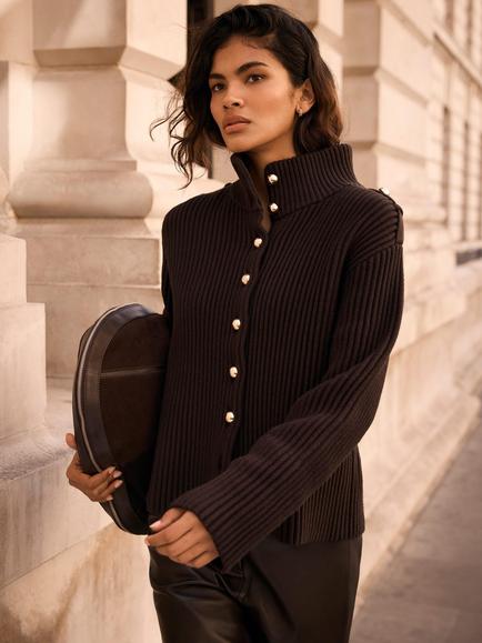 Mint Velvet Military Ribbed Knit Jacket, Brown, Brown