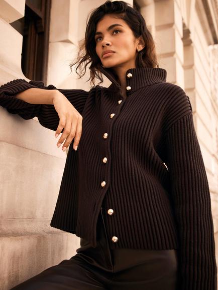 Mint Velvet Military Ribbed Knit Jacket, Brown - view 2, Brown