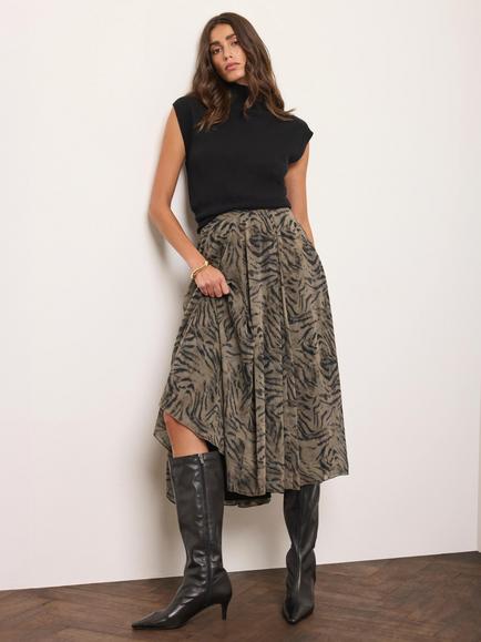 Mint Velvet Animal Print Pleated Midi Skirt, Brown, Brown