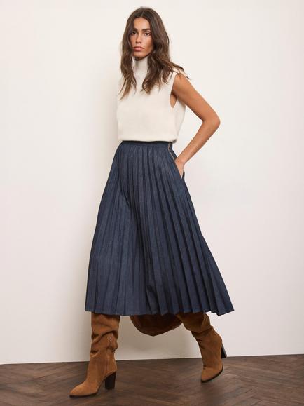 Mint Velvet Pleat Denim Skirt, Blue - view 2, Blue