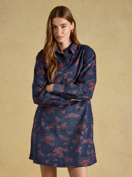 Joules Maple Printed Cotton Shift Dress, Navy, Navy