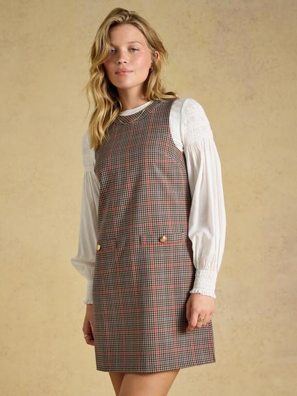 Joules Check Tweed Sleeveless Pinafore Shift Dress, Brown, Brown
