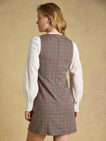Joules Check Tweed Sleeveless Pinafore Shift Dress, Brown - view 2, Brown