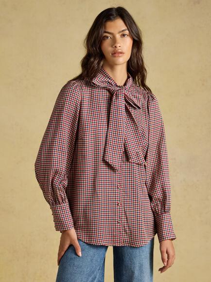 Joules Long Sleeve Tie Neck Check Blouse, Brown, Brown