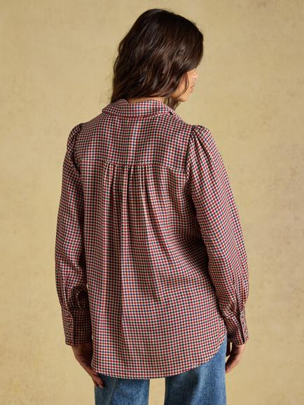 Joules Long Sleeve Tie Neck Check Blouse, Brown - view 2, Brown