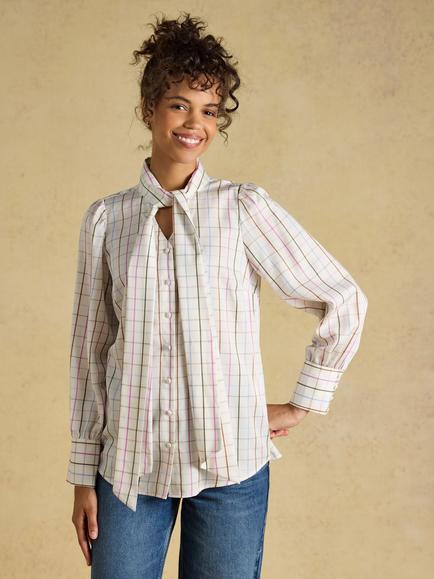 Joules Long Sleeve Tie Neck Check Blouse, Cream, Cream