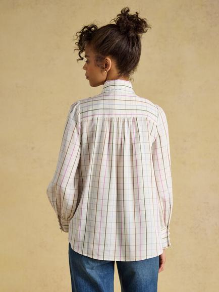 Joules Long Sleeve Tie Neck Check Blouse, Cream - view 2, Cream