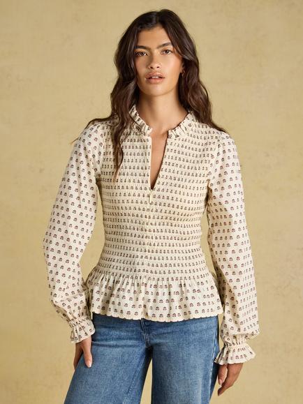 Joules Long Sleeve Shirred Smocked Blouse, Cream, Cream